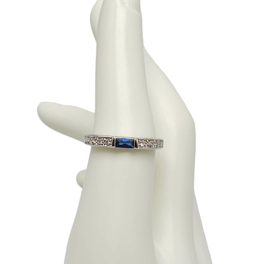Blue Rectangle Clear Rhinestone Sterling Silver Vintage Band Ring Size 6.75